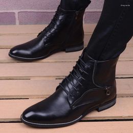 Boots Autumn Winter Ankle Men Pointed Toe Side Zip Leather Booties Fashions High Top Man Shoes Black Dress Short For