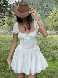 Party Dresses Bazaleas Store-Short Sleeve Holiday Sweet Lace Slim White Dress Casual Summer Cotton 2024