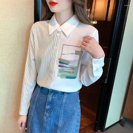 Women's Blouses Chiffon Long Sleeve Shirt Summer Striped Patchwork Solid Colour Lel Blouse South Korea Fashion Casual Top