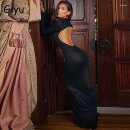 Casual Dresses Giyu Sexy Club Party Women 2024 Autumn Long Sleeve Backless Maxi Dress Elegant Turtleneck Bodycon Black Robe Femme