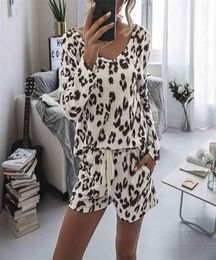 Leopard Pajama Set Summer Women Lounge Wear Casual Spring Pyjamas Sleepwear Ladies Home Suit Female Pajamas Top Pants 1 set 2108099686741