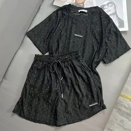 two piece set summer Womens tracksuits mium Patch logo rhinestone decoration new style hole hollow lace design Short sleeved top and shorts set