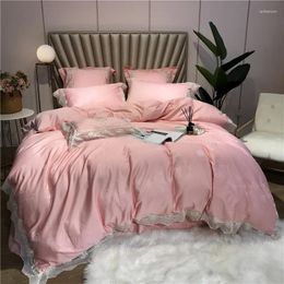 Bedding Sets Pink Luxury Princess Style 80S Egyptian Cotton White Lace Embroidery Girl Set Duvet Cover Bed Sheet/Linen Pillowcases
