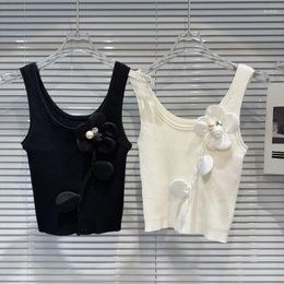 Women's Tanks PREPOMP 2024 Summer Collection Sleeveless Pearls Petal Applique Slim Vest Women Knitting Tank Top GR339