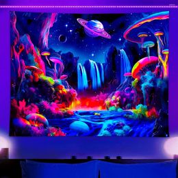 Tapestries 1pc Galaxy Starry Sky Tapestry Bedroom UV Responsive Mushroom Forest Planet Landscape Dormitory Decoration Poster