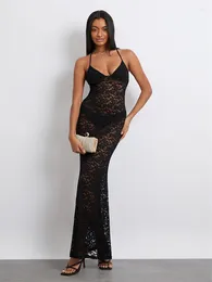 Casual Dresses Women Sheer Lace Long Dress Sleeveless Halter V Neck Backless Bodycon Fishtail See Through Party Club Sexy