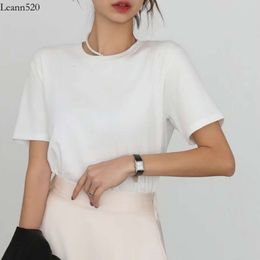 Korean style white short sleeved T-shirt for women's summer basic pure cotton round neck full shoulder bottom shirt