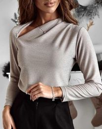 Women's T Shirts Top Women Spring Fashion Asymmetrical Neck Long Sleeve Casual Plain Ruched Daily Tee Y2K Clothes