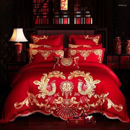 Bedding Sets Luxury Red Wedding Style Gold Phoenix Embroidery Set Cotton Duvet Cover Bed Sheet Bedspread Pillowcases 4/6/9pcs