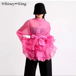 Women's Blouses WHITNEY Designer Style 2024 Spring Fashion Streetwear Layered Ruffles Sashes See Through Mesh Blouse Women Stylish