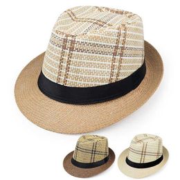 Wide Brim Hats Bucket Hats Men Straw Hat Summer Trendy Beach Sun Hats Casual Cowboy Jazz Cap Ribbon Fedoras Male Panama Gangster Caps Y240603CB5L