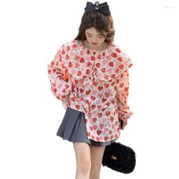 Women's Blouses Spring Cotton Girlish Cute Doll Collar Long Sleeves Breathable Shirts Korean Style Streetwear Oversized Retro Print