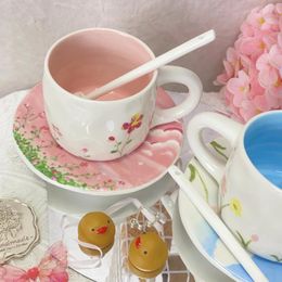 Mugs Hand-painted Flower Coffee Cup And Saucer Set Mug Lovely Afternoon Tea Heart Plate Ceramic Water Cups Korean Ins Style