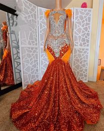Orange O Neck Long Prom Dress For Black Girls 2024 Beaded Crystal Birthday Party Dresses Sequined Feathers Evening Gown Robe