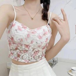 Camisoles & Tanks 2024 Floral Lace Crop Top Sexy Women Summer Corset Sweet Elastic Rose Sleeveless Beauty Back Bra With Chest Pads Lingerie