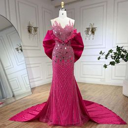 Serene Hill Fuchsia Elegant Mermaid Pearls Beaded Evening Dresses Dubai Formal Gowns For Women Party 2024 LA72263