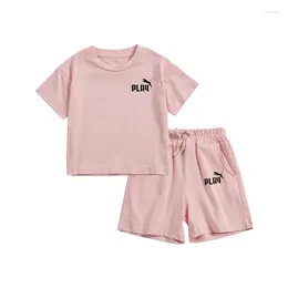 Clothing Sets 2024 Summer Style Casual Sports Cartoon Print Short Sleeved Shorts Suit Children's Daily Wear
