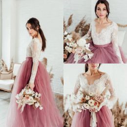 Elegant Lace Tulle Garden Wedding Dresses 2024 V-Neck Illusion Long Sleeves Bridal Gowns Dusty Pink Tulle Skirt