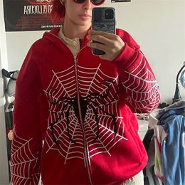 Women's Hoodies Sweatshirts Spider Web Red Graphic Women Sweatshirts Harajuku Vintage Grunge Y2k Zip Up Hoodie Loose Couple Jacket Hooded Long Sleeve Tops 230807CJ