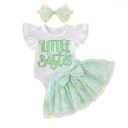 Clothing Sets Baby Girl Clothes Daisy Letter Printed Sleeve Romper Top Mesh Skirts Bow Headband Infant Toddler Summer Outfits