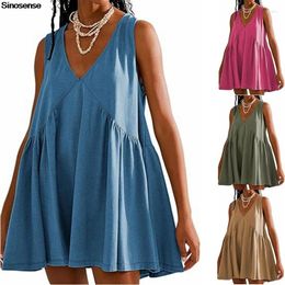 Casual Dresses Womens Cotton Sleeveless Mini Dress Loose V Neck Tank Ruched Summer Swing Flowy Beach Sundress With Pockets