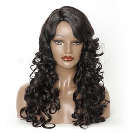 New style wig female oblique bangs long curly hair chemical fiber high temperature silk head cover