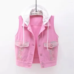 Women's Vests Horse Clip Pink Lace Denim Vest Thin Section Female Hooded 2024 Summer Of The Short Paragraph With Shoulder Tops