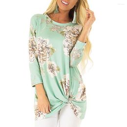 Women's Polos Autumn Long Sleeve Blouse Fashion Womens O-Neck Sleeves Printing Tie Easy Tops Floral Print Green