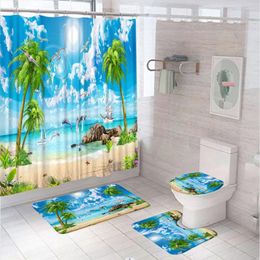 Shower Curtains Tropical Palm Tree Beach Curtain Set Dolphin Pigeon Starfish Blue Ocean Scenery Bathroom Screen Bath Mat Toilet Cover Rug