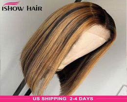 Ishow Brazilian Straight Highlight Bob Wig 4x4 Lace Closure Human Hair Wigs 427 Ombre Brown Natural Colour Lace Front Wig for Wome6157960