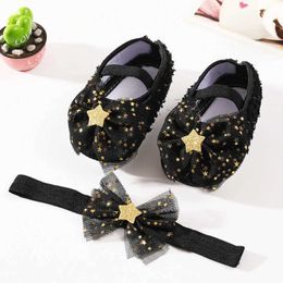 First Walkers Sneakers Baby girl mesh bow star princess shoes with a headband cute soft sole walking shoe headband set WX5.31
