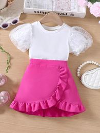 Clothing Sets Girls' Summer Sweet Mesh Sleeve Suit White T-shirt Rose Ruffle Skirt Two-piece Set