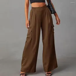 Women's Pants Women Overalls Style Casual Cargo Mid-rise Elastic Waist Wide Leg Trousers With Multi Pockets High Waisted