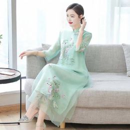 Casual Dresses Women Qipao Dress Embroidery Mesh Chinese Retro Style Ethnic Side Split Double-layer Party Formal Banquet Cheongsam Midi