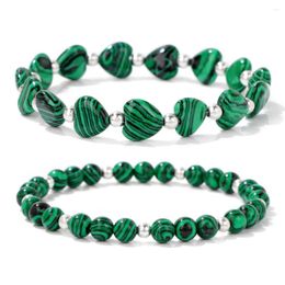 Strand 2pcs/set Natural Stone Elastic Bracelet Fashion Love Heart Shape Green Malachite Opal Beads Bracelets Women Men Couples Jewelry