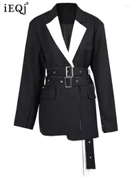 Women's Suits Black Bandage Color-block Blazer For Women Lapel Long Sleeve Jacket Coat Fashion Tide Spring 2024 Clothing 1DH1466