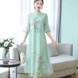 Casual Dresses Women Qipao Dress Ethnic Embroidery Chinese Cheongsam Midi Side Split Double-layer Three Quarter Sleeves Party