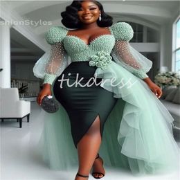 Gorgeous Sage Green Prom Dresses With Overskirt Train Luxury Beaded Long Sleeve Midi Black Girls Aso Ebi Evening Dress With Handmade Florals Slit Cocktail Birthday