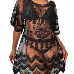 Sheer Beach Dress Summer Cover-ups Sexy Mesh Swimwear Cover Up Embroidered V-neck Bikini Cover-up Lace Tunic For Women