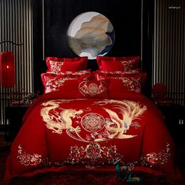 Bedding Sets Luxury Gold Phoenix Loong Flowers Embroidery Chinese Red Wedding Cotton Set Duvet Cover Bed Sheet Bedspread Pillowcase