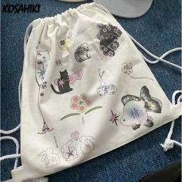 Cartoon Kawaii Cat Print Preppy Sweet Schoolbags Drawstring Women Students Canvas Bags Streetwear All Match Trendy Backpacks Y2k 240604
