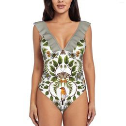 Women's Swimwear Spring Reflection-Floral / Botanical Pattern W Birds One-Piece Swimsuit Women Ruffle Bathing Suits Girl Beach