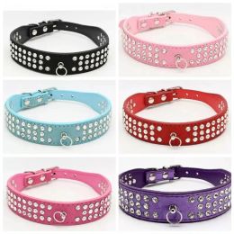 Justerbar personlig längd Suede Leather Rhinestone Dog Collar: Bling Three Rows Sparkly Crystal Diamonds Studded Puppy Collar
