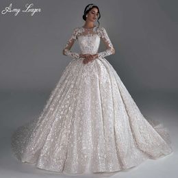 Amyager Classic O-Neck Long-Sleeve Ball Wedding Dress 2024 Beading Aptliques Lace Court Train Princess Bridal Gown