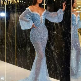 Sky Blue Meerjungfrau Abendkleider echte Bilder Luxus schwere Perlen Paillettenrom Kleid Abiti da Cerimonia da Sera formelle lange Ärmel