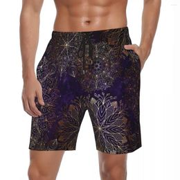 Men's Shorts Swimsuits Mandala Print Board Summer Gold And Purple Floral Hawaii Short Pants Man Graphic Sports Surf Beach Trunks