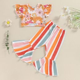 Clothing Sets Baby Girls Summer 2 Piece Outfits Floral Print Sleeve Crop Tops Striped Flare Pants Set Fashion Cute Clothes For Children