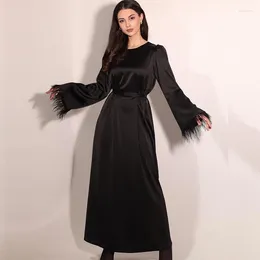 Casual Dresses High Waist Satin For Women O-neck Summer Long Dress Woman Feather Cuff Lace-up Fashion Party Vestidos Para Grados
