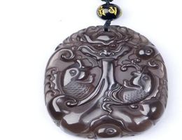 Real Clear Ice Natural Obsidian Carved Fish Dragon Lucky Charm Pendants Necklace Fashion Women039s Jewelry7998236