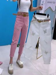 Women's Jeans Spring Autumn Korea Fashion Women White High Waist Loose Denim Pants Casual Ankle-Length Harem Drilling